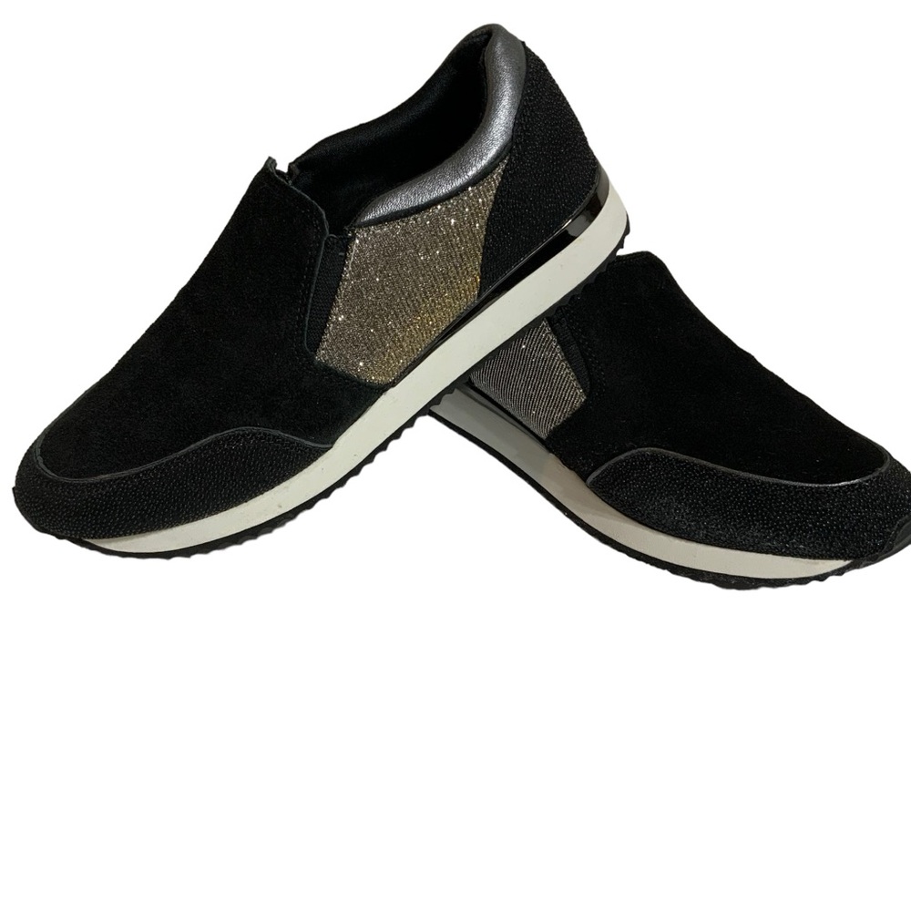 KARL LAGERFELD Giselle Black Leather Slip On Sneaker Black Suede Bling Shoes 7.5